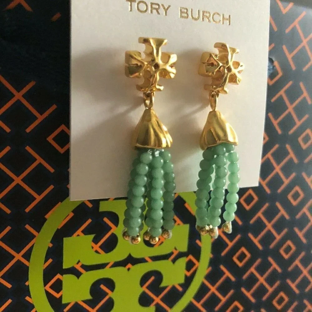 Tory Burch Roxanne Tassel Drop Earrings Mint Green Beaded Gold Tone Statement